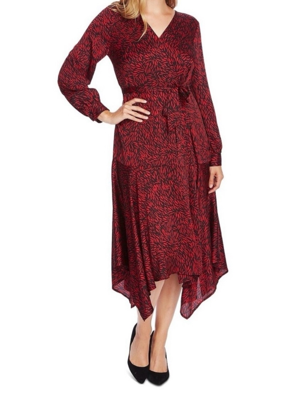 Vince Camuto Red Printed V-Neck Midi Dress with Tie Waist